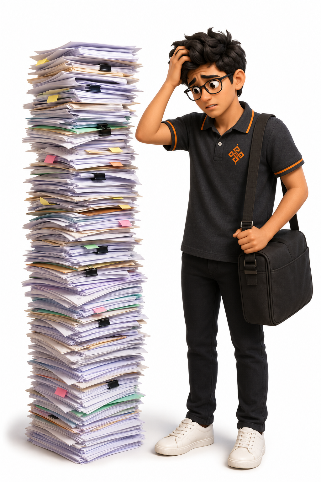 Student stressed with papers
